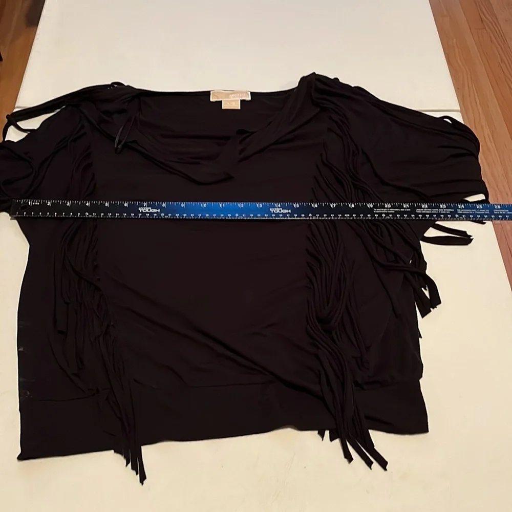 Micheal Kors size large black 3/4 sleeve fringe top ,draped neckline  banded hem